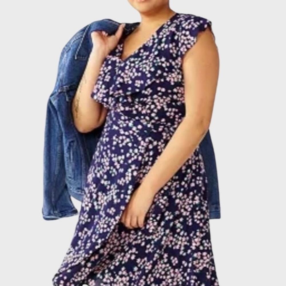 Draper James RSVP Flutter Floral Wrap Dress M Navy Pink Flowers Ruffle Romance